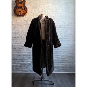 Vintage Faux Fur Dark Brown Long Coat Reversible Trench Overcoat Retro Hippie XL